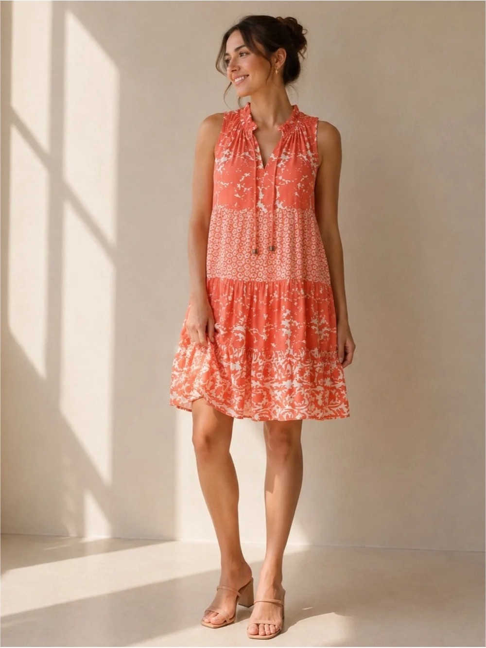 Chelsea & Theodore Mini Dress XS Cotton Sleeveless Tiered Orange Floral Ruffled